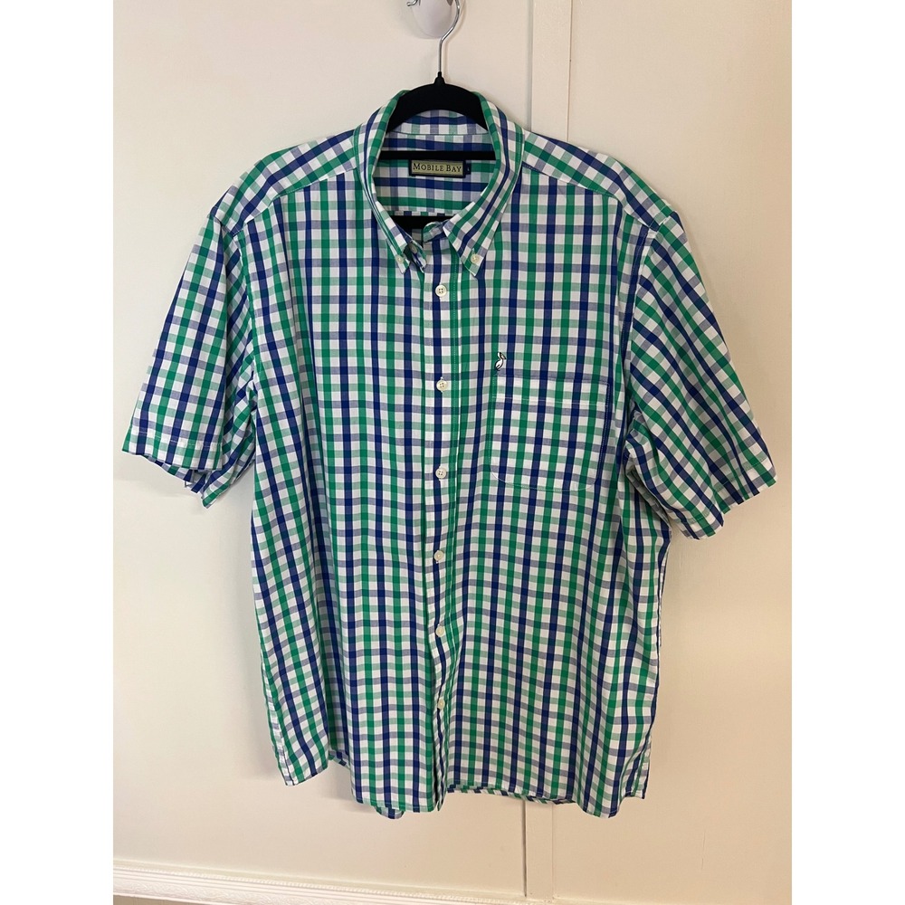 Mobile Bay Mens Large Green Blue Gingham Plaid Short Sleeve Pelican Button Down